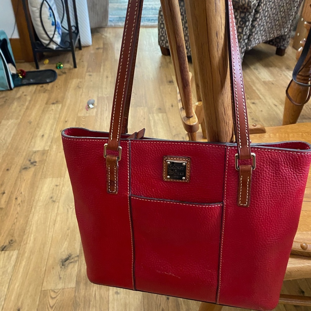 Dooney & Bourke Red and Brown Leather Tote with Gold Hardware